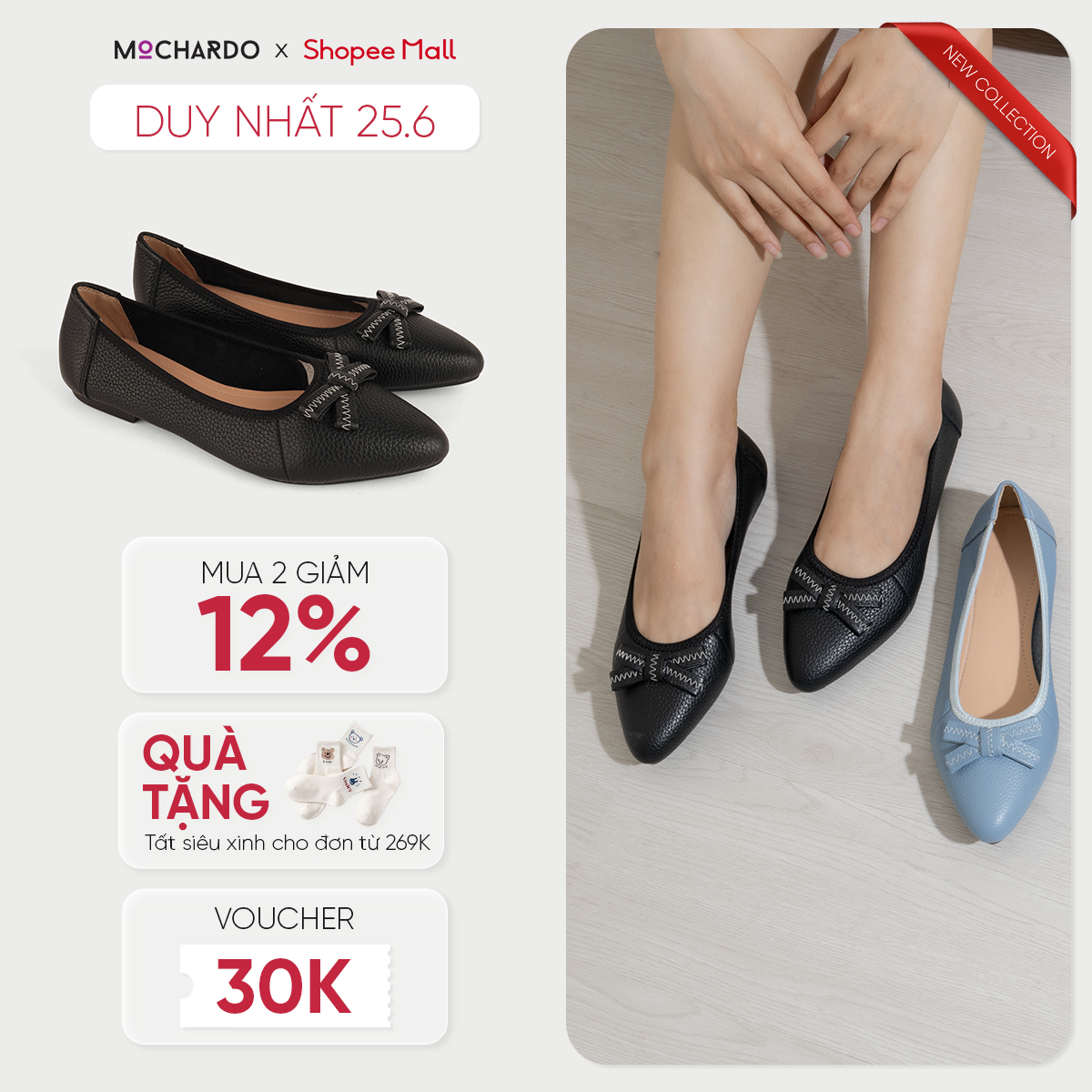 Giày Búp Bê Nữ MOCHARDO Đế Bệt Mũi Nhọn Phối Nơ TN-004